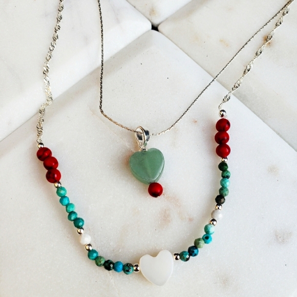 NWT SOLID 925 STERLING SILVER 2 LAYERING NECKLACE JADE QUARTZ TURQUOISE 18" - Picture 1 of 2